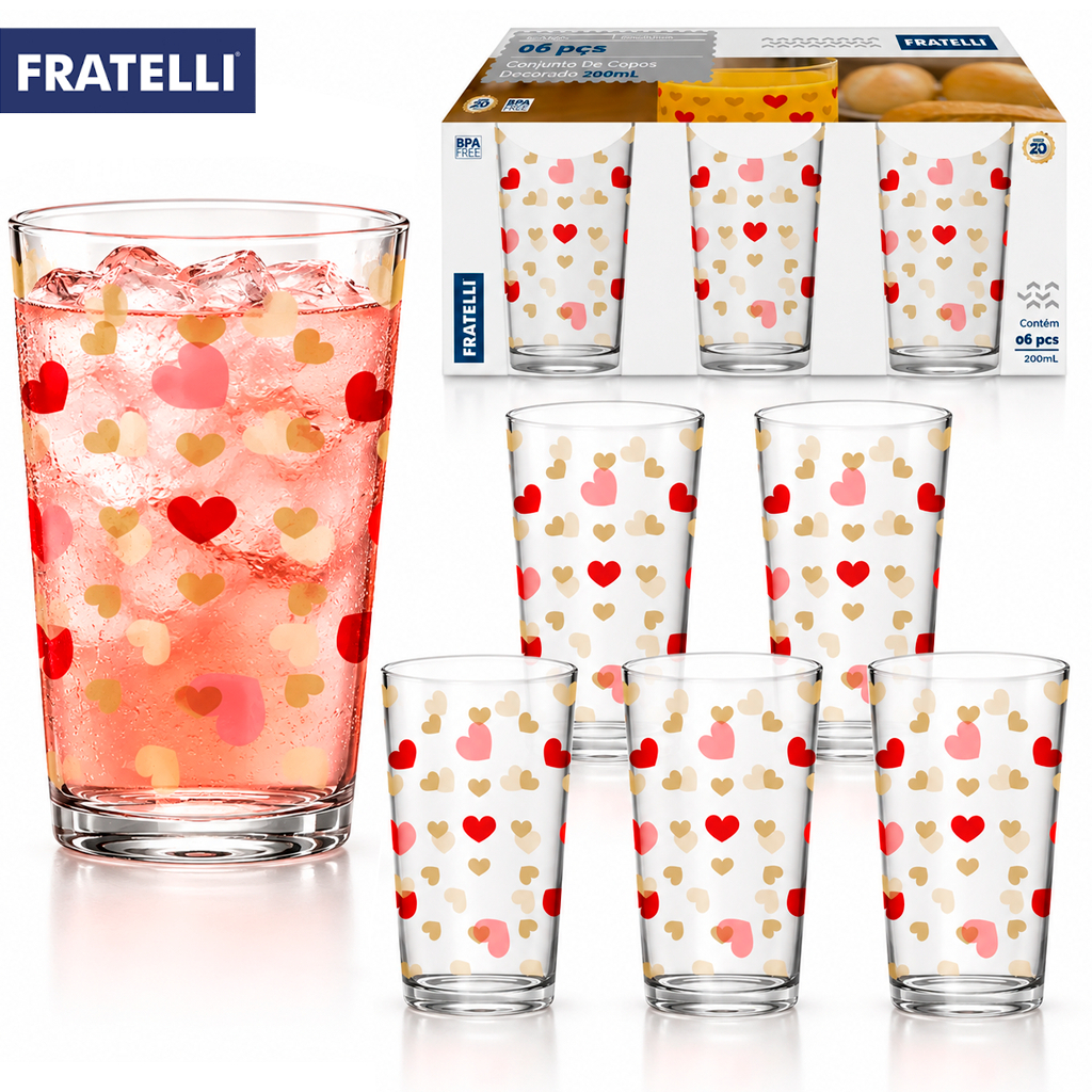 Conjunto Jogo de 6 Copos Estampado Fratelli Coração 200ml copo de vidro Mesa Posta Bebidas Drink