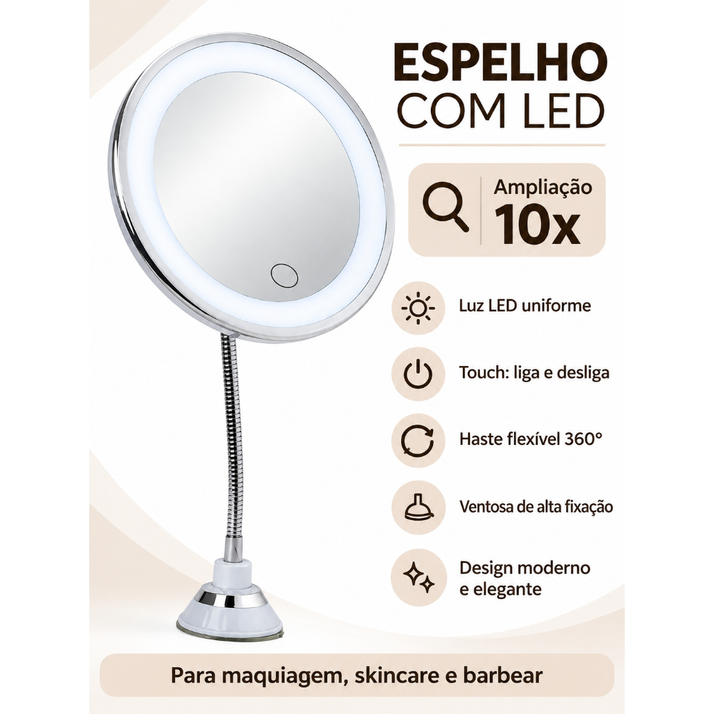 Espelho de Maquiagem LED Ampliação 10x Touch USB com Ventosa e Haste Flexível 360° Branco