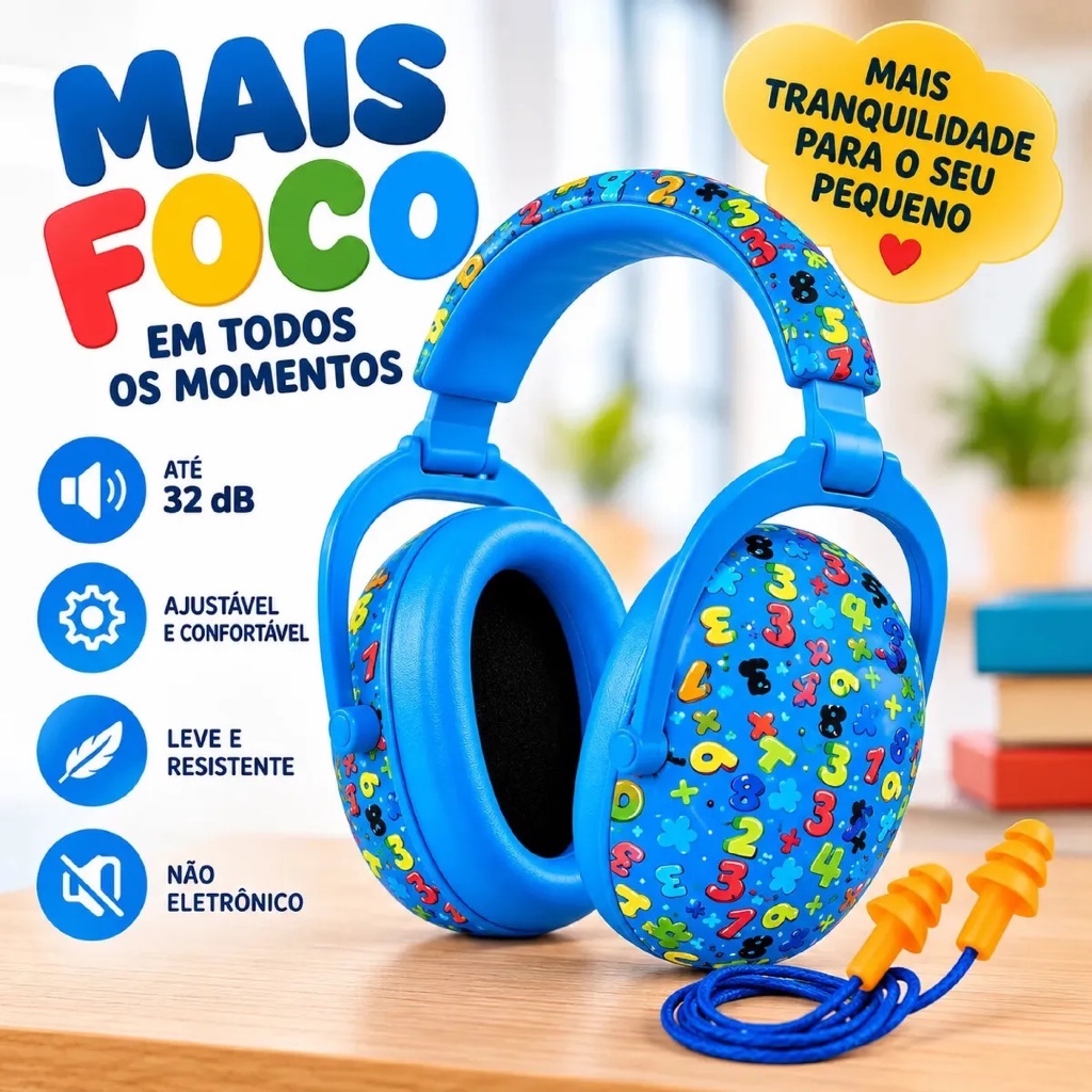 Abafador de Ruído Infantil e Adulto Ajustável SNR 25 Protetor Auricular Sensorial Autismo TDAH