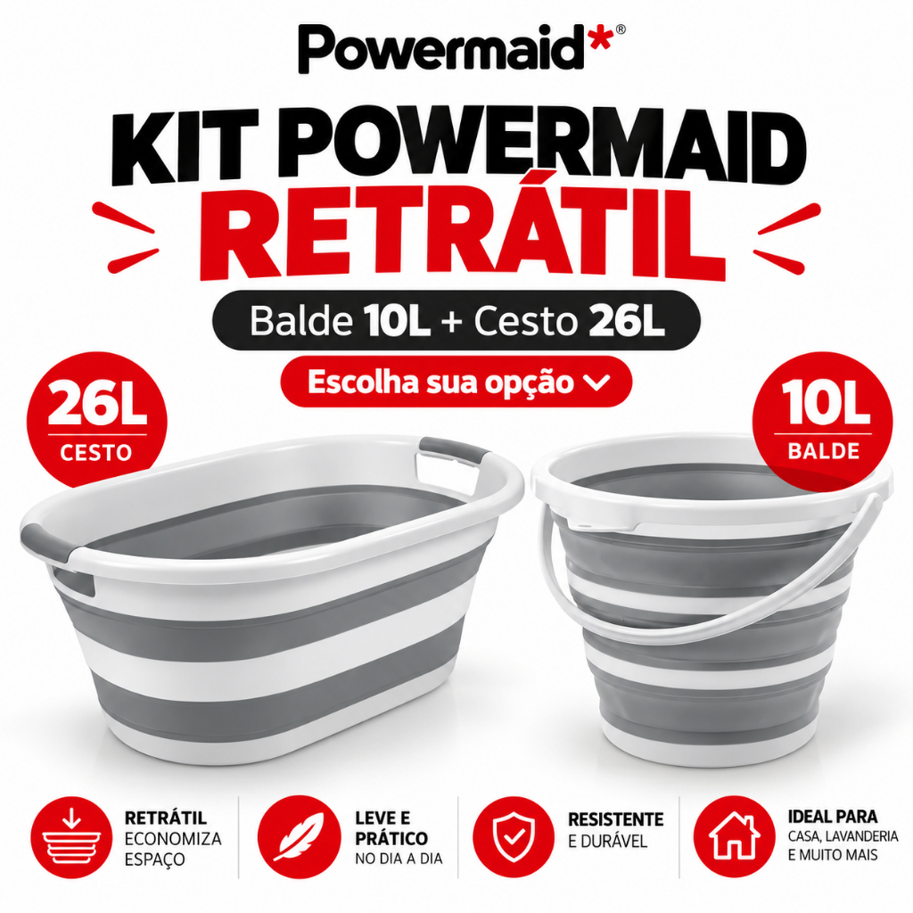 Kit Balde Retrátil 10L Cesto Dobrável 26L Powermaid Multiuso para Limpeza