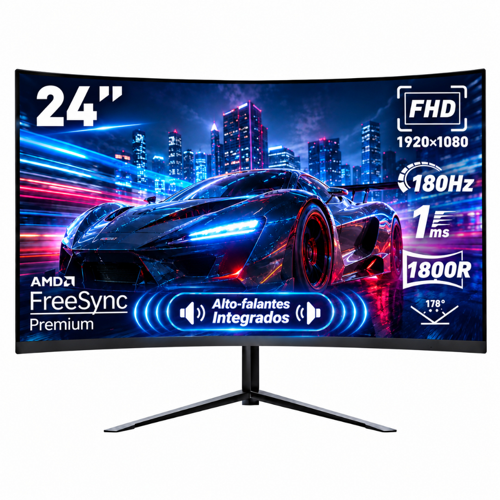 Monitor Curvo Gamer 24" 180Hz 1ms Full HD IPS e Fixação VESA HDMI DP com Alto-fa