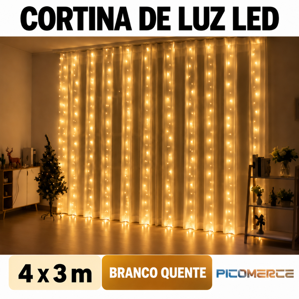 LED Cortina 4x3 led pisca luz romântica para casamento de natal ao ar livre Branco Quente