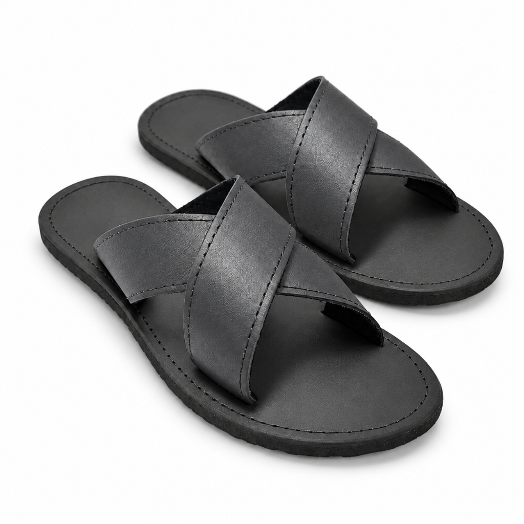Chinelo Sandália Masculina Clássica Couro Legítimo Preto Confortável Elegante Casual Tiras Cruzadas