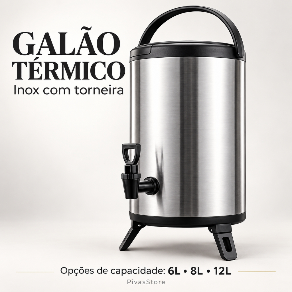 Galão Botijão Térmico Inox 6L /8l/12l com Torneira Garrafa Grande Pés Retráteis e Alça para Transporte