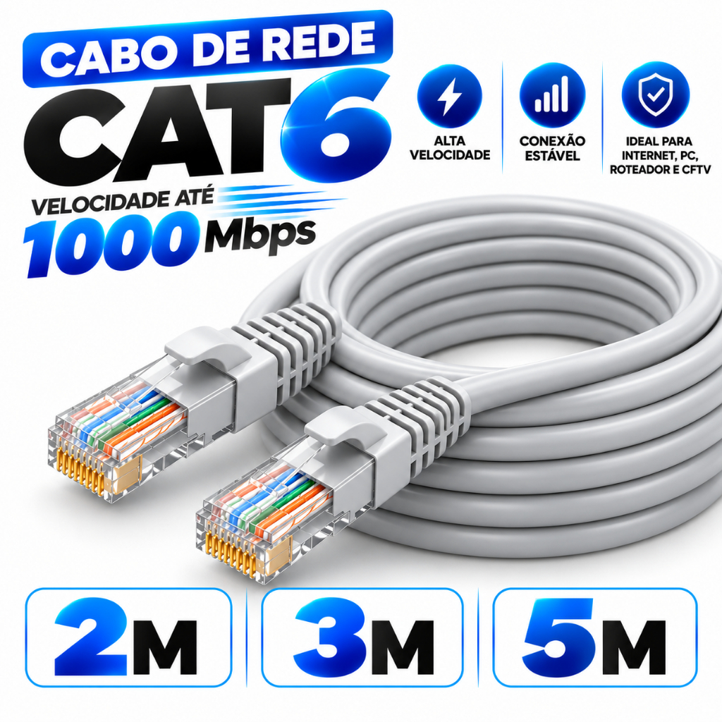 Cabo de Rede CAT6 RJ45 Ethernet 1000Mbps Gigabit Internet Alta Velocidade para PC Roteador CFTV 2m 3m 5m