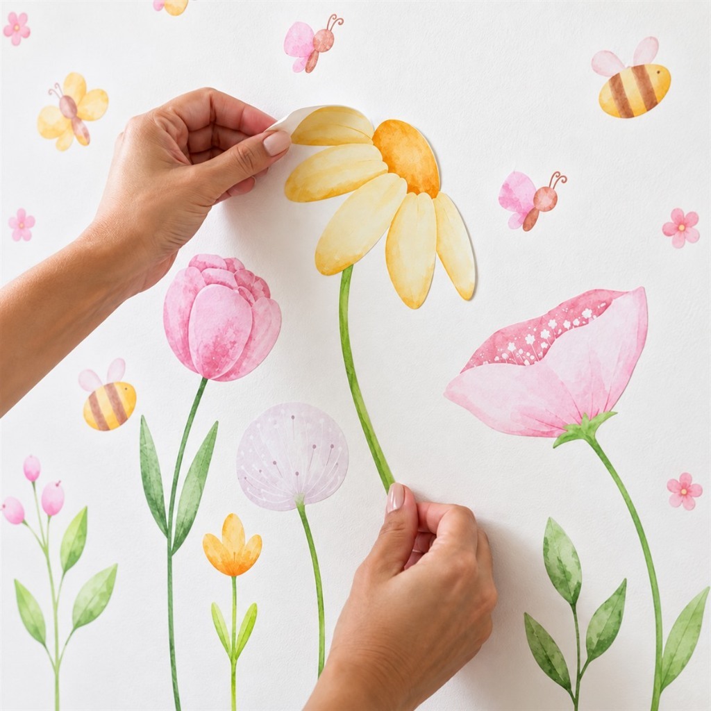 Adesivo de Parede Infantil Flores Aquarela e Abelhas De Recorte Floral