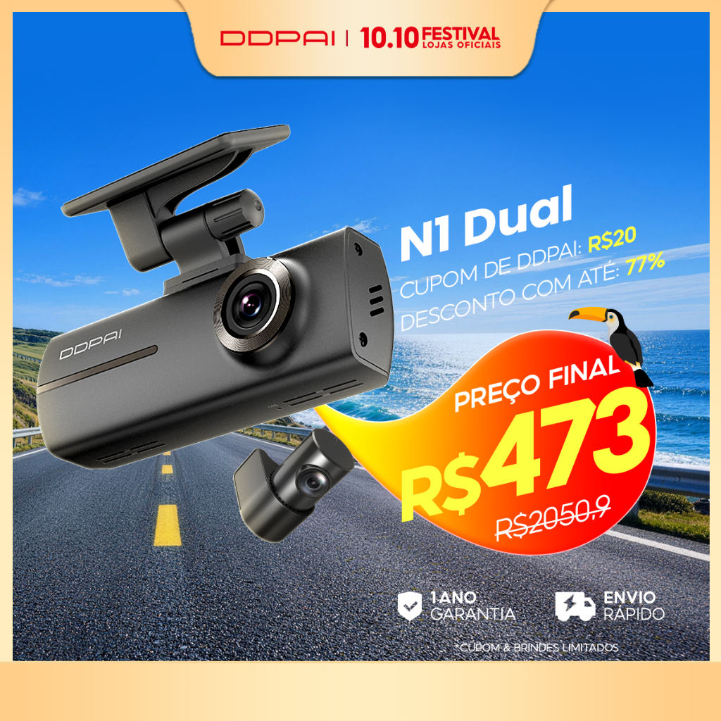 Câmera Veicular Ddpai N1 Dual 1296P+1080P Uber WiFi App Supercapacitor Visão Noturna Gravação em Loops