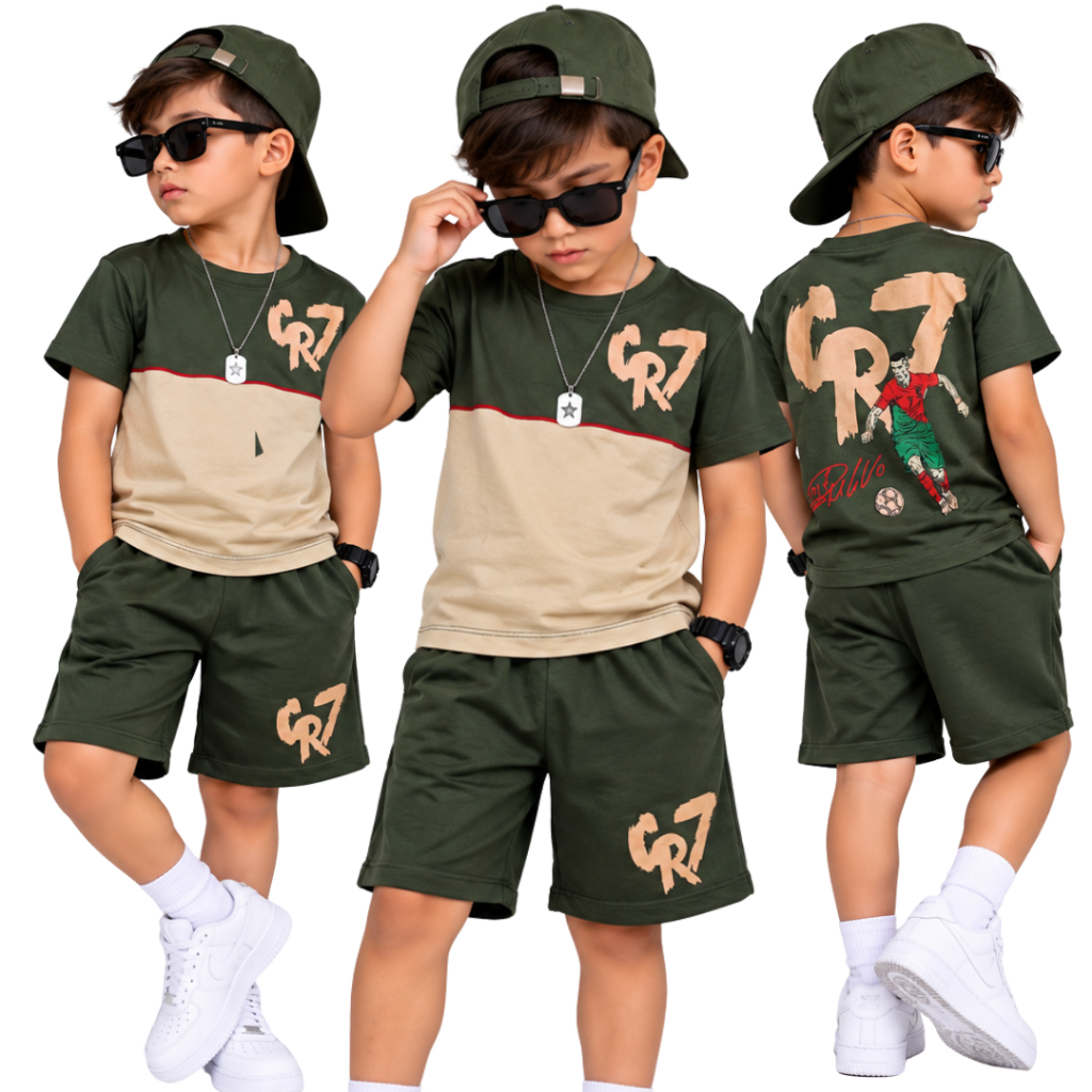 Conjunto Infantil Menino CR7 Futebol Camiseta Malha + Bermuda Moletinho Estilo Jogador 4 ao 14 anos