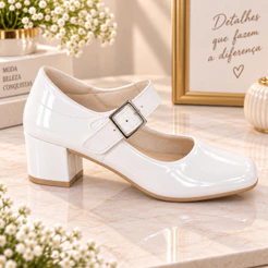 Sapato Feminino Salto Baixo Branco Verniz Confortável Elegante Bico Quadrado Trabalho Dia a Dia