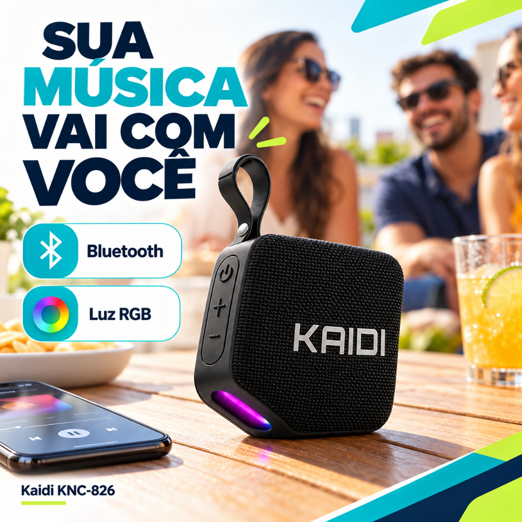 Caixa de Som Bluetooth Portátil Kaidi KNC-826 Mini Caixinha Recarregável LED RGB Alça Bateria Até 6h