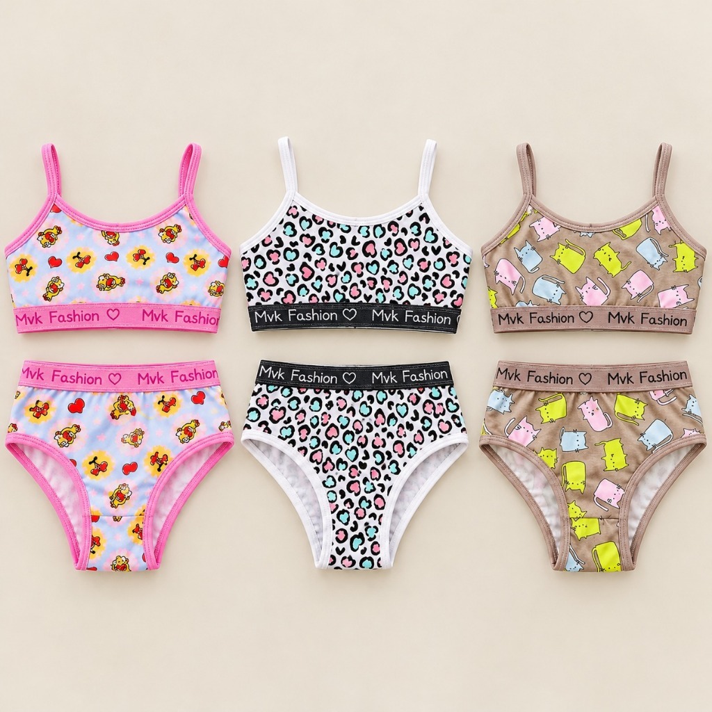Kit Conjunto Feminino Infantil Calcinha e Top Menina 1, 2 ou 3 Unidades Sortidas Confortável Juvenil Casual dia a dia