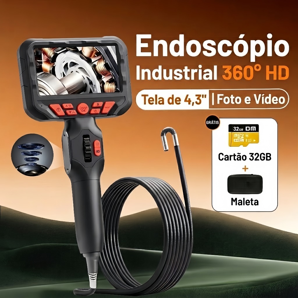 Câmera Endoscópica 1080P 2MP com Tela IPS 4,3", Cabo 1,6m, Câmera 6mm 360°, IP67, 6 LEDs e Cartão 32GB — oferta na Shopee