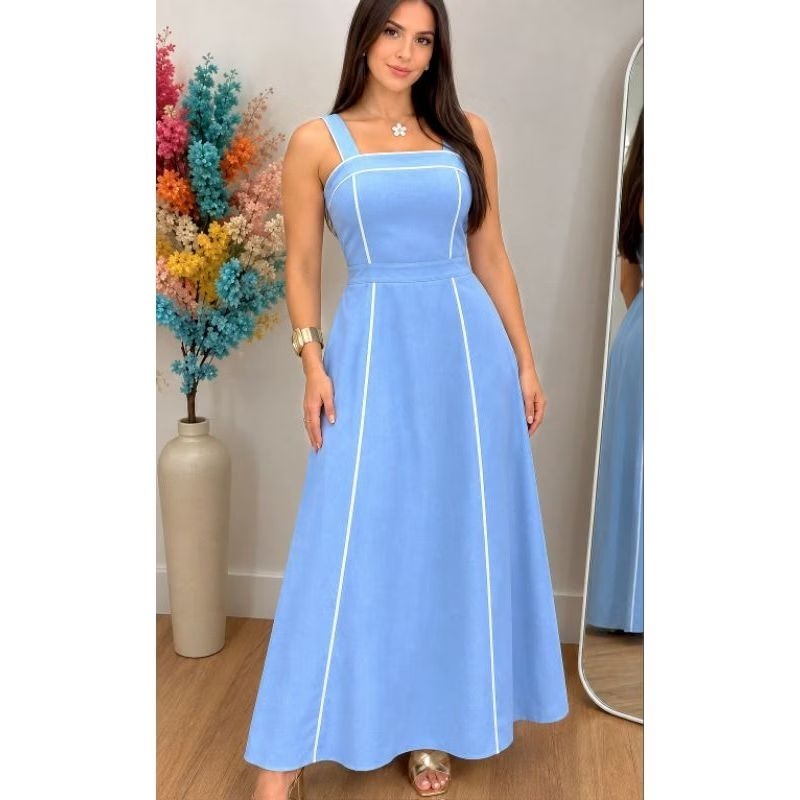 Vestido Feminino Midi  Casual Tecido Sensorial Marrant Com Viés  Alça Grossa Com Bojo