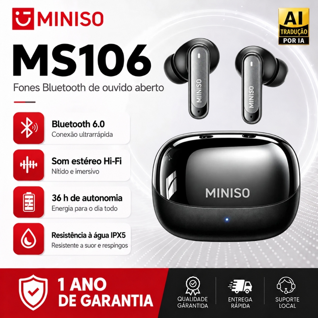 MINISO Fone de ouvido bluetooth sem fio MS106 tradução de voz bidirecional fone sem fio bluetooth 6.0 TWS — Oferta Verificada