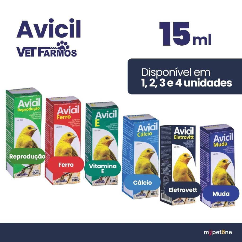 Avicil 15 Ml Suplementos Vitamínas Liquidos Aves Passaros Vet Farmos Ferro Muda Reprodução Cálcio Vitamina E Eletrovitt