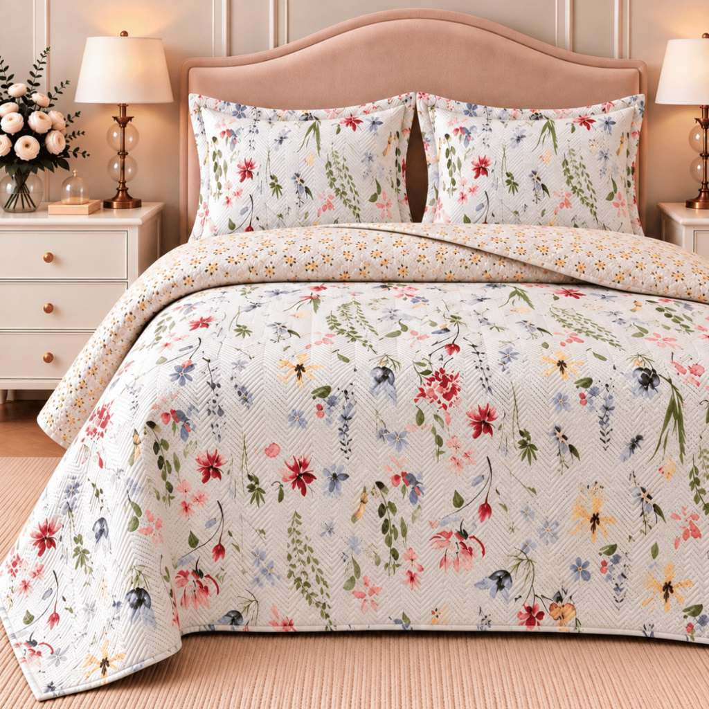 Kit Cobre Leito Colcha Casal Queen King Floral Dupla Face 3 Peças Estampada Boutis Matelado Macia
