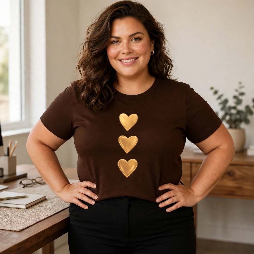 Camiseta Plus Size Feminina P Ao G5 Algodão 100% Estampada 3 Coração Dourado Básica Casual Academia Verão Blusa Camisa