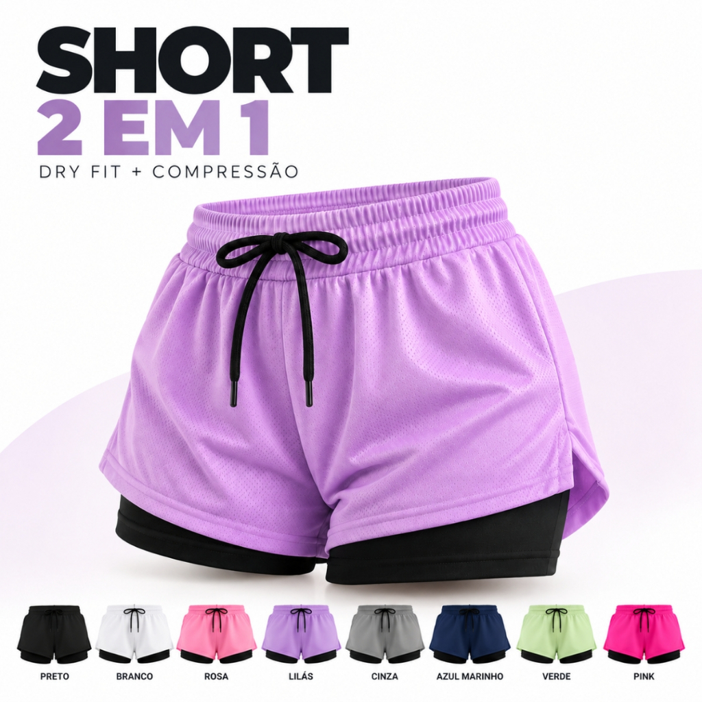 Short Fitness Duplo Feminino Dry Fit com Bolso Para Celular Caminhada Academia Corrida Promoção