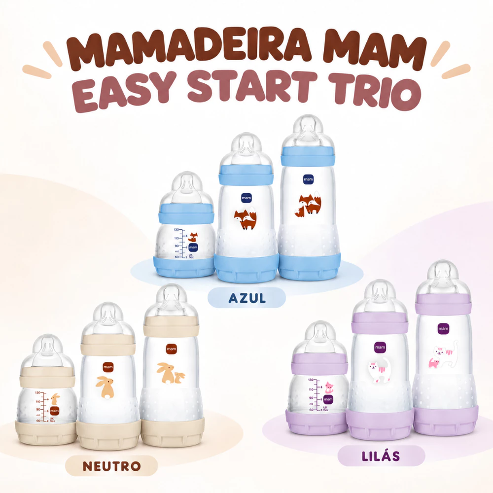Kit 3 Mamadeiras Anticólica Mam 130ml, 260ml e 330ml Trio Easy Start
