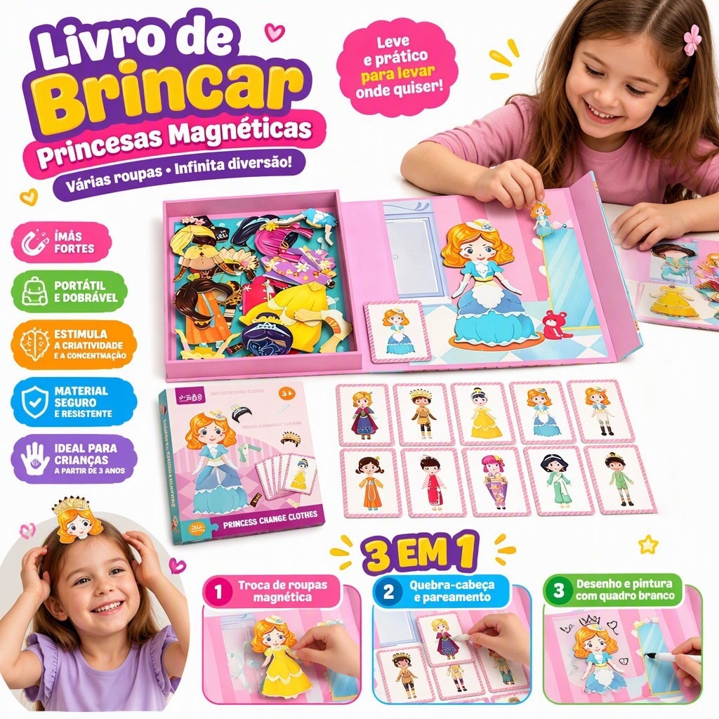 Quebra-Cabeça Magnético Vestir Princesa de Madeira Brinquedo Divertido para Meninas Jogo de Trocar Roupas