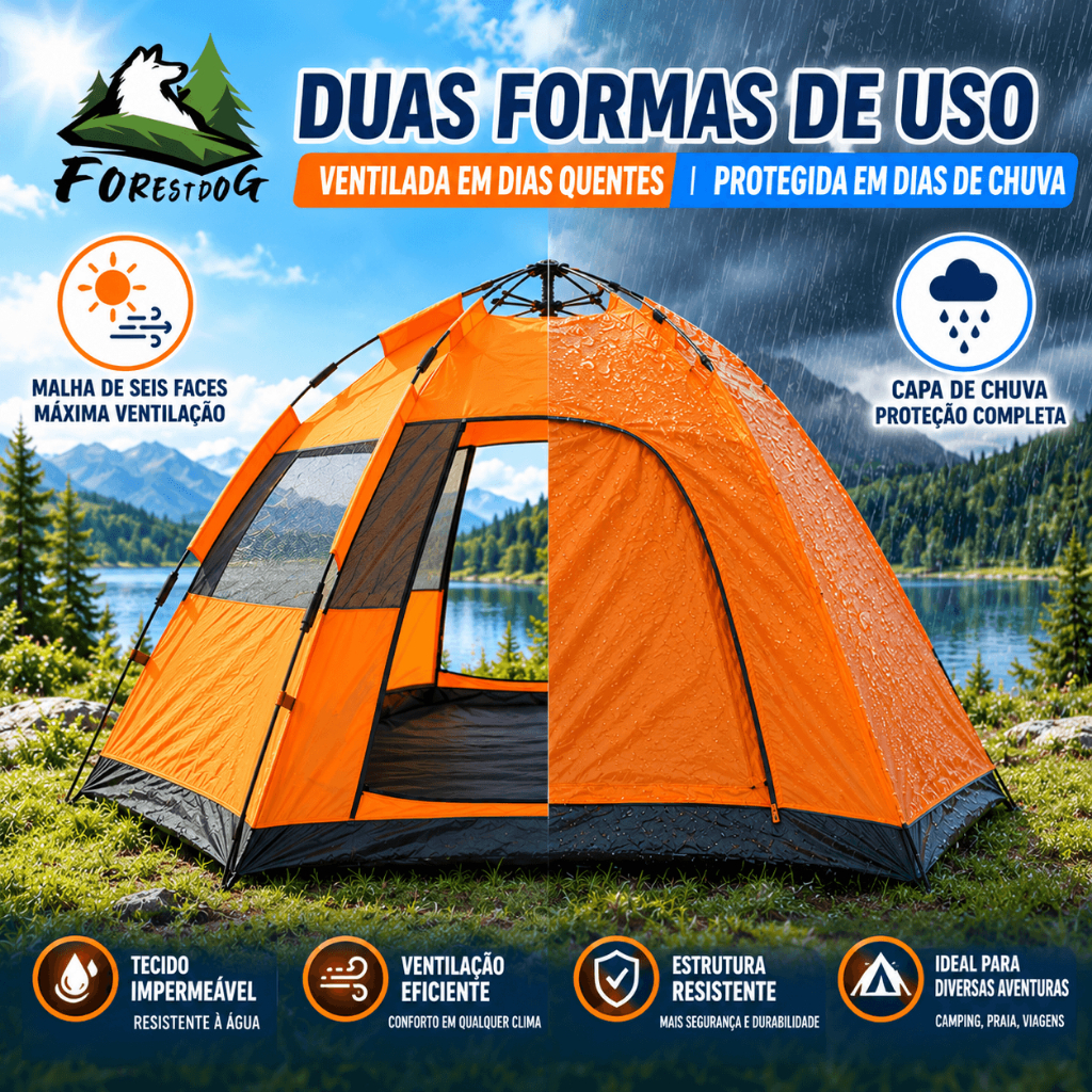 Barraca de Camping Automática Hexagonal Laranja para 5 a 8 Pessoas Impermeável e Respirável para Sol e Chuva