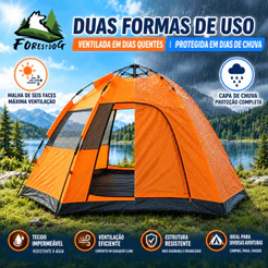 Barraca de Camping Automática Hexagonal Laranja para 5 a 8 Pessoas Impermeável e Respirável para Sol e Chuva