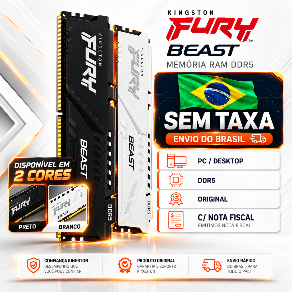 Memória RAM Kingston Fury Beast 8GB 16GB DDR5 5600/6000mhz  PRETO/BRANCO ORIGINAL NOVO PC GAMER Desktop C/ NOTA FISCAL