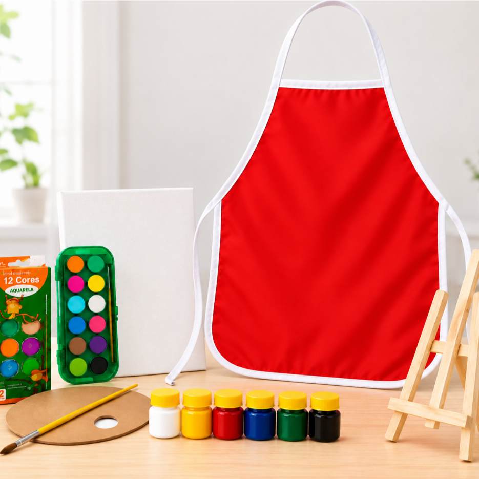 Kit de Pintura Infantil Completo:  Tinta Aquarela + 50 Folhas sufite + Pincel + Cavalete +Tela + Avental + Paleta MDF