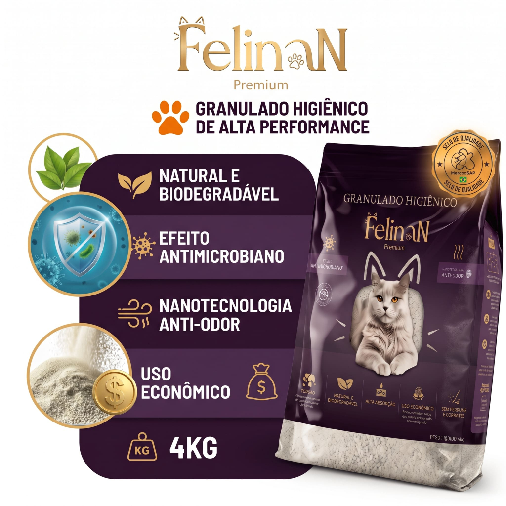 Areia Para Gatos Higiênica Premium Felinan 4kg Granulado Fino Nanotecnologia Elimina Odor Torrão Biodegradável Sem Pó — imagem 2 de 2