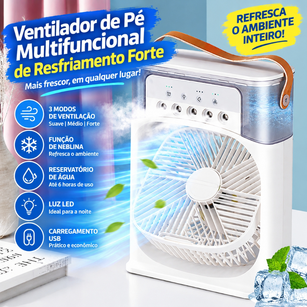 Mini Climatizador de Ar Portátil 3 em 1 Ventilador Umidificador com LED Reservatório de Água USB