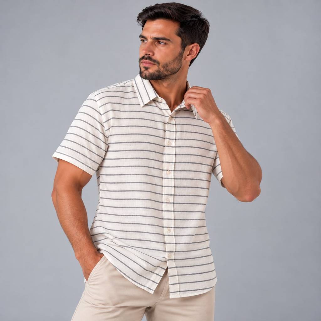 Camisa Algodão Listrada Texturas Manga curta Verão Europeu