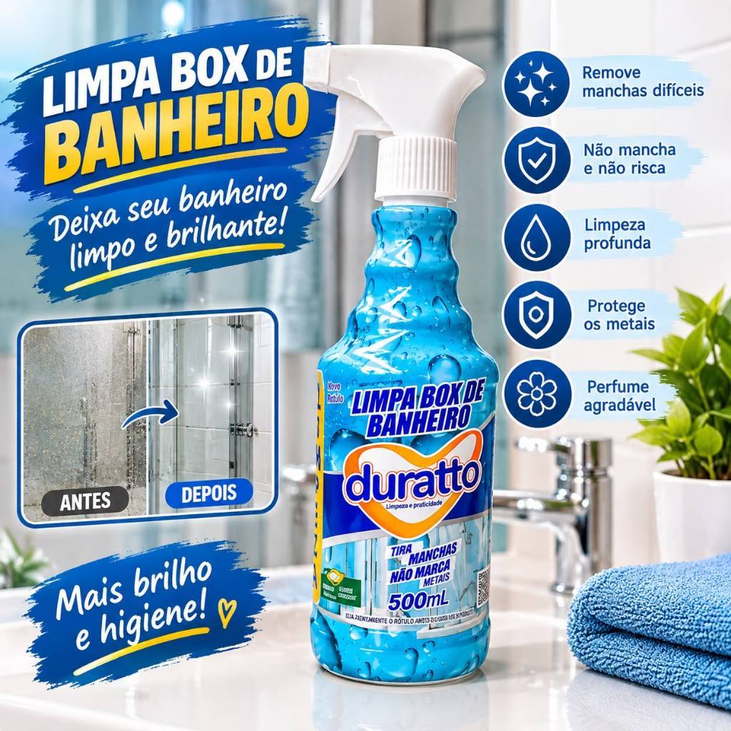 Limpa Box de Banheiro - Tira Manchas - Desengordura - Dá Brilho - Limpeza dia a dia