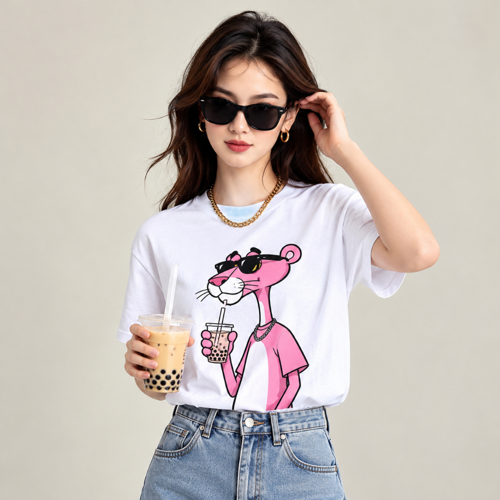 Camiseta Camisa Feminina Estampada Pantera 100% Algodão Desenho Bubble Tea Confortável Estilosa Bonita Moderna