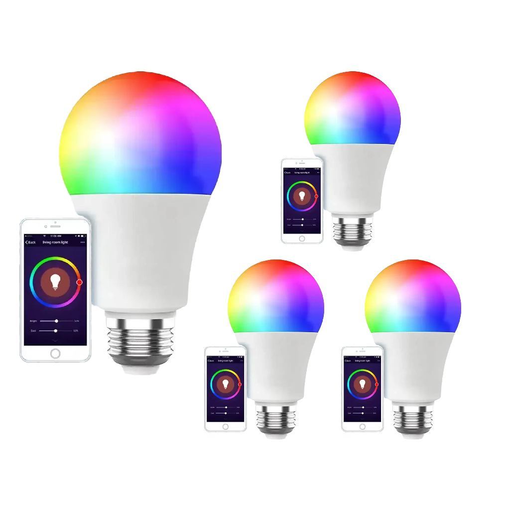 Kit 4 Lâmpada Inteligente LED RGB 10W E27 Alexa Google Assistente WiFi Bluetooth Smart com APP