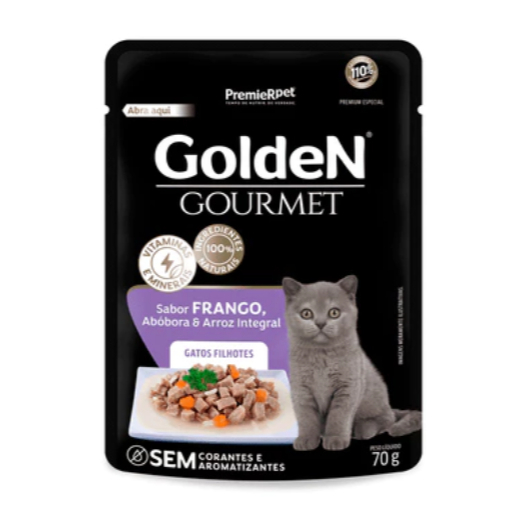 Sache Ração Úmida Golden Gourmet Para Gatos Castrado Sabor Frango 70g 20un