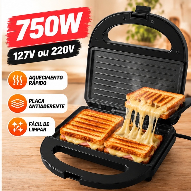 Sanduicheira Grill Elétrica 750W Antiaderente Koti Preta Faz 2 Sanduíches Rápido 110V ou 220V