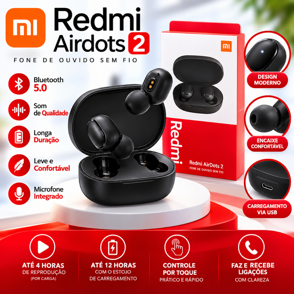 Fone de Ouvido Bluetooth 5.0 Redmi AirDots 2 Sem Fio TWS Gamer com Microfone