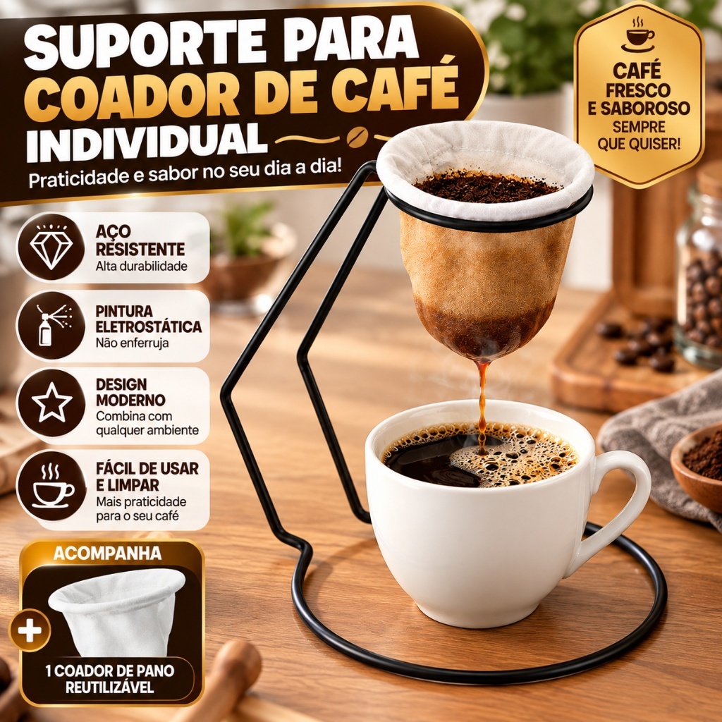 Suporte para Mini Coador de Café Individual com Filtro de Pano Reutilizável Preto