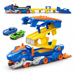Caminhão Dinossauro 3 em 1 Engole Carros Pista Dupla Lançador Dino Truck 2 Carrinhos
