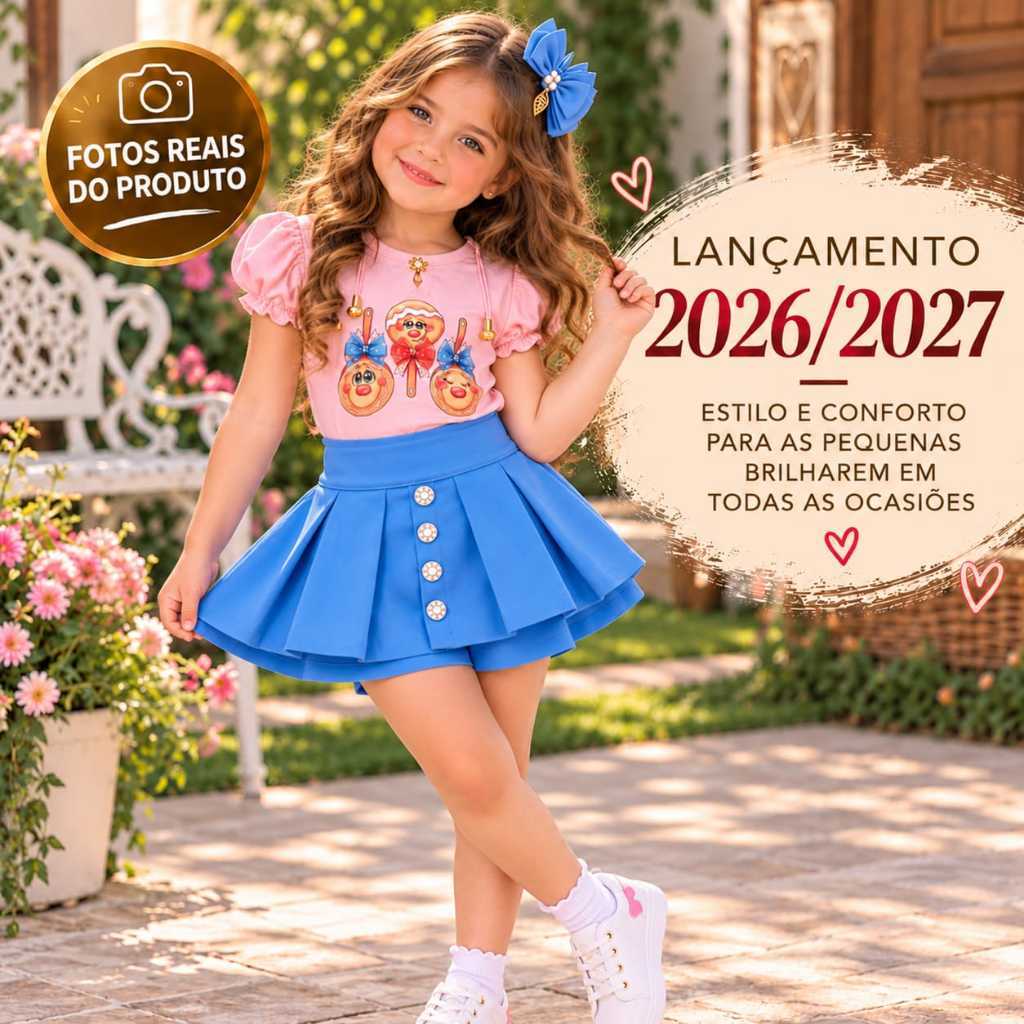 Conjunto infantil luxo menina patricinha tendencia blusa e short saia estampado leve e confortável detalhes delicado