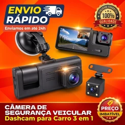 Câmera Veicular 3 Lentes Wi-Fi Full HD 1080P Dash Cam DVR Visão Noturna Monitor Estacionamento 24h Uber Taxi Carro Loop