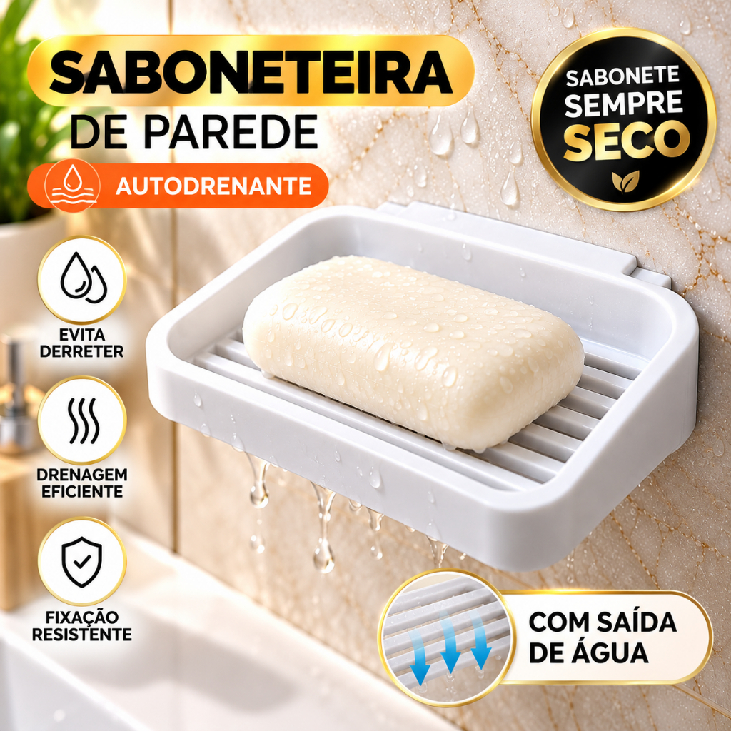 Saboneteira de Parede Sem Furo com Fita Resistente Base Drenante Organizador de Banheiro Economia de Sabonete