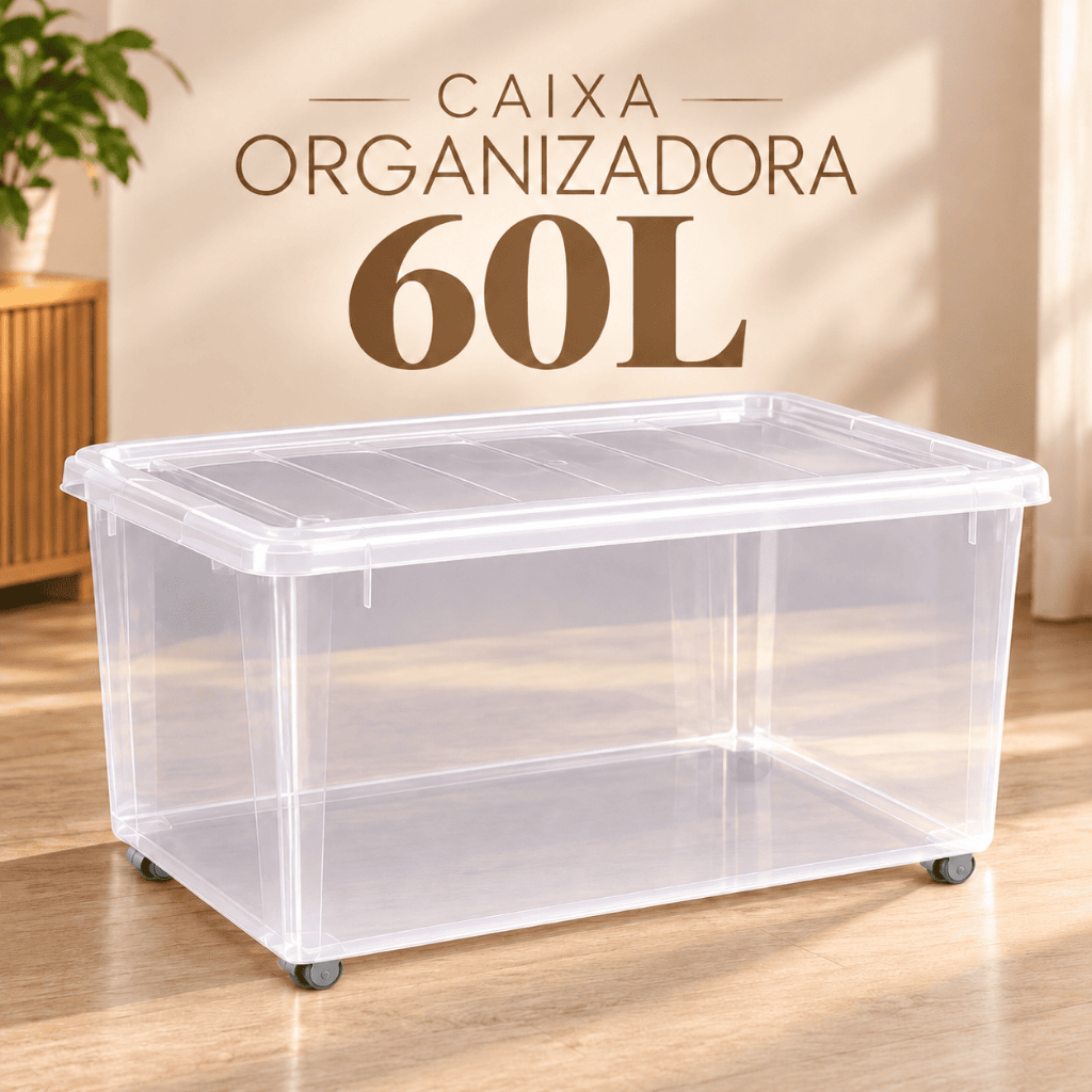 Caixa Organizadora Container Transparente Trava E Rodinhas 60 Litros Cesto Organizador Grande