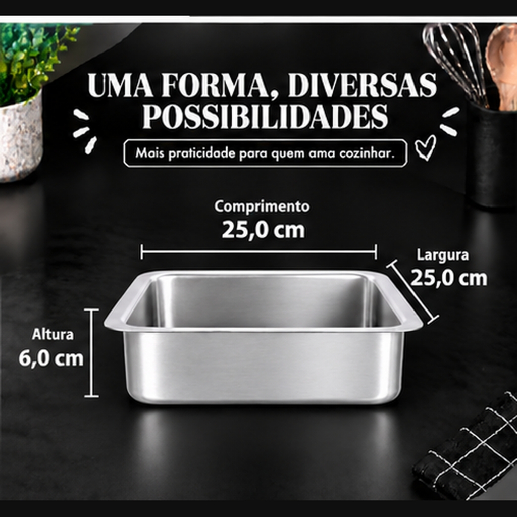 Forma Assadeira Quadrada Fundo Fixo 25x6cm Alumínio Roldan — imagem 2 de 2