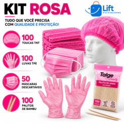 Kit Manicure Palito de Bambu + Máscara + Luva Vinilflex + Touca TNT Tudo Rosa