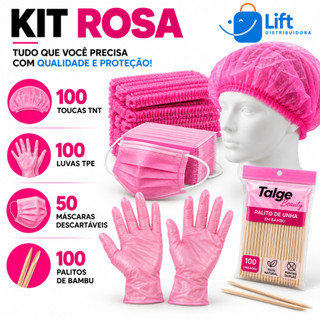Kit Manicure Palito de Bambu + Máscara + Luva TPE + Touca TNT Tudo Rosa