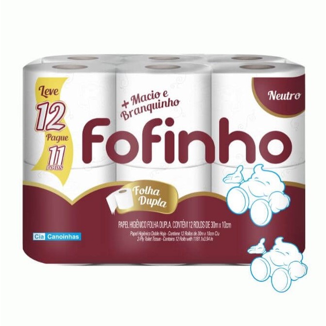 Papel Higiênico Neutro Folha Dupla FOFINHO C/ 12 ou 24 Rolos 30 metros