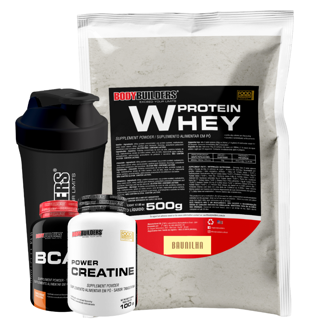 Kit Whey Protein 500g + BCAA 4,5 100g + Power Creatine 100g + Coqueteleira 600ml – Bodybuilders