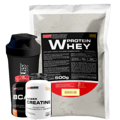Kit Whey Protein 500g + BCAA 4,5 100g + Power Creatine 100g + Coqueteleira 600ml – Bodybuilders
