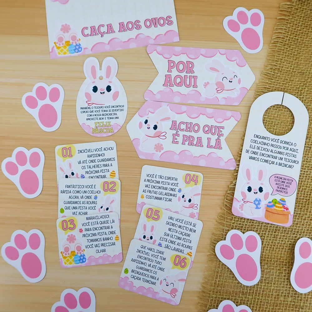 Kit Caça ao Tesouro Páscoa Infantil | Caça aos Ovos Criança | Patinhas Coelho + Pistas + Tag em Oferta na Shopee